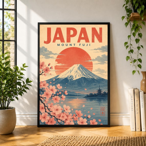 Mount Fuji Poster, Japan Travel Wall Art, Cherry Blossom Print, Vintage Japanese Landscape Poster, Retro Travel Decor, Asian Wall Art