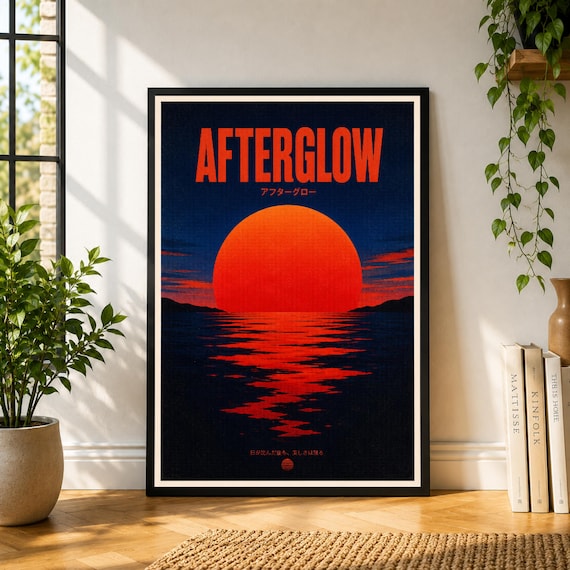 Afterglow Poster, Red Sunset Wall Art, Ocean Print, Dark Vintage Landscape Poster, Dramatic Decor