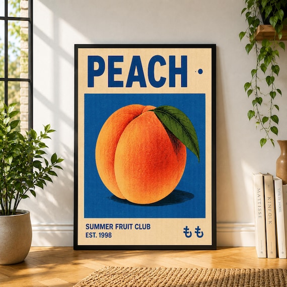 Peach Poster, Soft Botanical Wall Art, Pastel Fruit Print, Kitchen Decor, Warm Minimal Poster, Modern Still Life Art