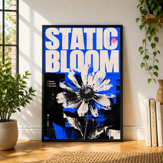 Static Bloom Poster, Blue Flower Wall Art, Bold Floral Print, Graphic Botanical Poster