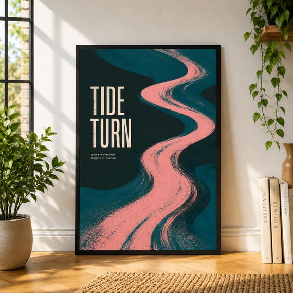 Tide Turn Poster, Pink River Wall Art, Dark Green Abstract Landscape Print, Modern Nature Decor