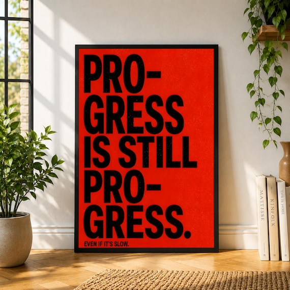 Progress Is Still Progress Poster, Red Typography Wall Art, Motivational Quote Print, Bold Office Decor, Modern Minimal Poster