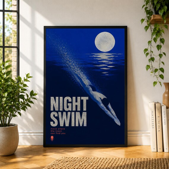 Night Swim Poster, Blue Ocean Wall Art, Moon Diver Print, Vintage Swimming Poster, Coastal Decor