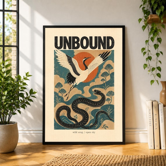 Unbound Poster, Crane Bird Wall Art, Serpent Print, Japanese Inspired Poster, Vintage Nature Decor