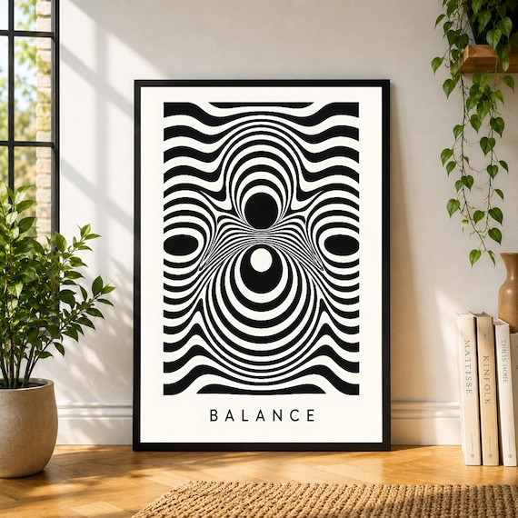 Balance Poster, Black White Optical Wall Art, Op Art Print, Minimal Graphic Decor