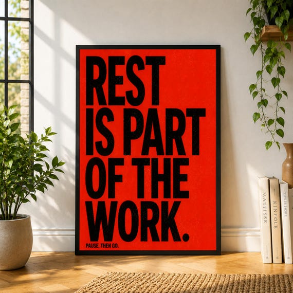 Rest Is Part Of The Work Poster, Red Typography Wall Art, Motivational Quote Print, Burnout Recovery Poster, Modern Office Decor