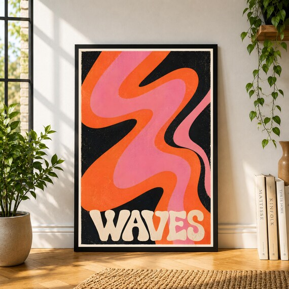 Waves Poster, Retro Abstract Wall Art, Orange Pink Black Wave Print, Bold 70s Style Decor