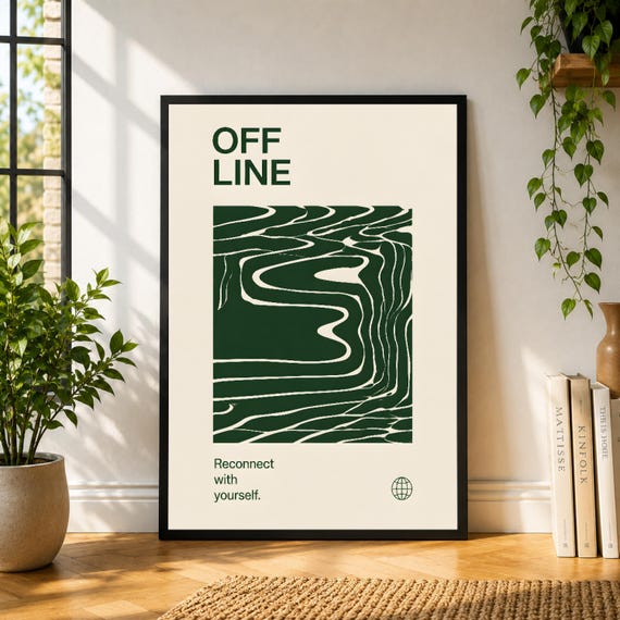 Off Line Poster, Green Abstract Map Wall Art, Reconnect Quote Print, Modern Minimal Decor