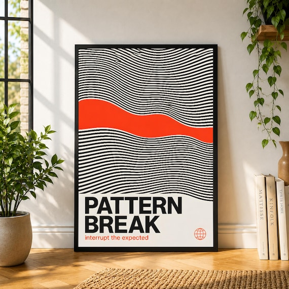 Pattern Break Poster, Optical Wave Wall Art, Black White Red Abstract Print, Modern Graphic Decor