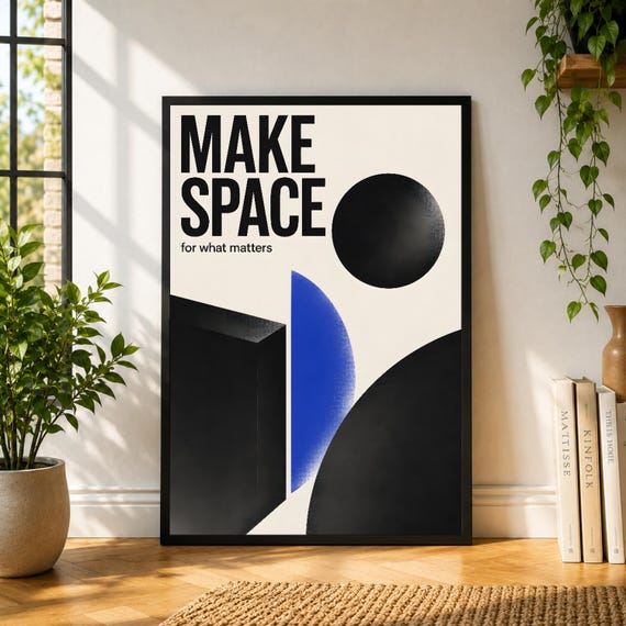 Make Space Poster, Minimal Geometric Wall Art, Black Blue Abstract Print, Modern Typography Decor