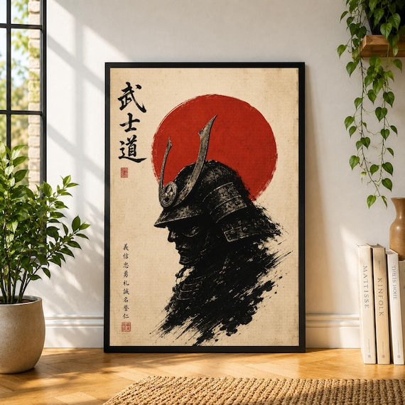 Samurai Poster, Japanese Warrior Wall Art, Black Samurai Helmet Print, Rising Sun Poster, Martial Arts Decor, Bold Asian Inspired Art