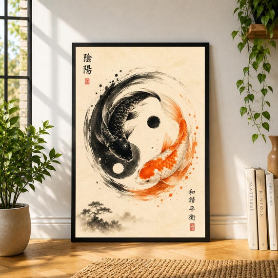 Koi Fish Yin Yang Poster, Japanese Koi Wall Art, Zen Fish Print, Orange Black Koi Poster, Asian Inspired Decor, Balance Wall Art