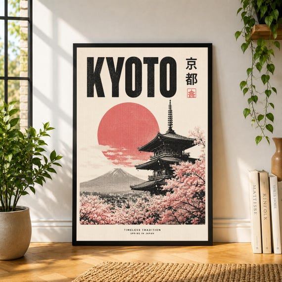 Kyoto Poster, Japanese Travel Wall Art, Vintage Japan Print, Cherry Blossom Poster, Mount Fuji Decor