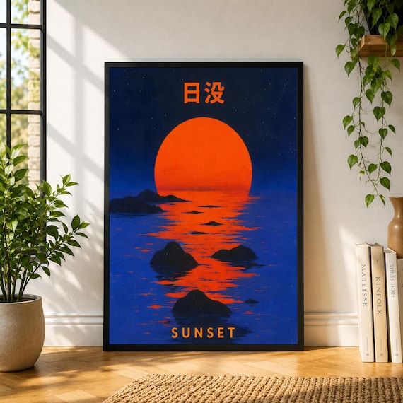 Sunset Japan Poster, Red Sun Ocean Wall Art, Japanese Landscape Print, Blue Orange Travel Decor