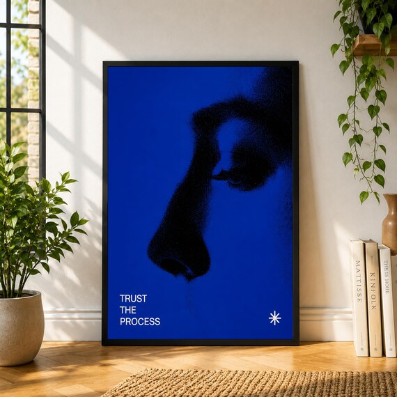 Trust The Process Poster, Blue Abstract Figure Wall Art, Modern Motivational Print, Moody Minimal Decor