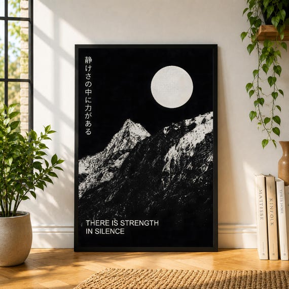 Strength In Silence Poster, Black Mountain Wall Art, Minimal Alpine Print, Quiet Motivational Poster