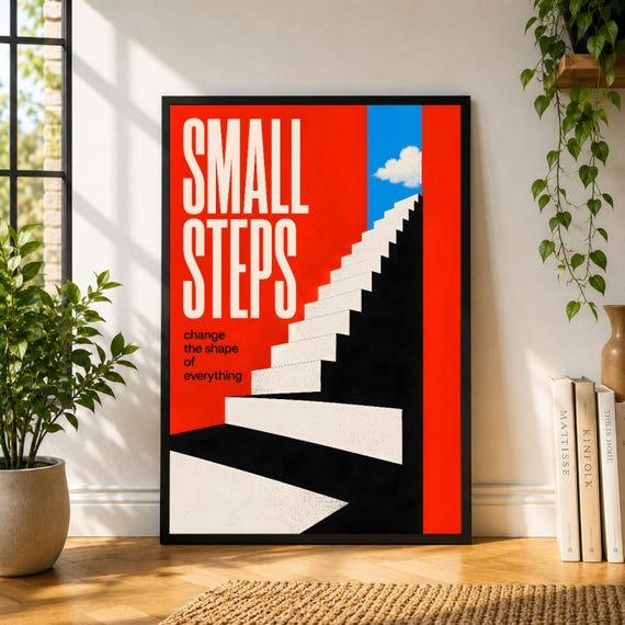 Small Steps Poster, Red Staircase Wall Art, Motivational Architecture Print, Bold Typography Poster