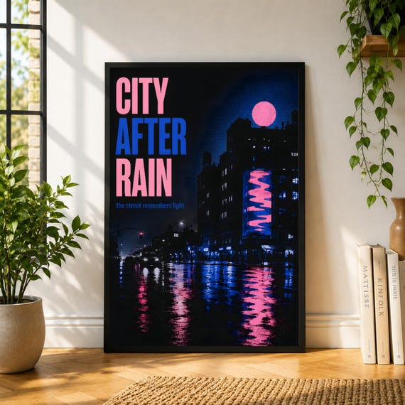 City After Rain Poster, Neon City Wall Art, Rainy Night Print, Urban Pink Blue Poster