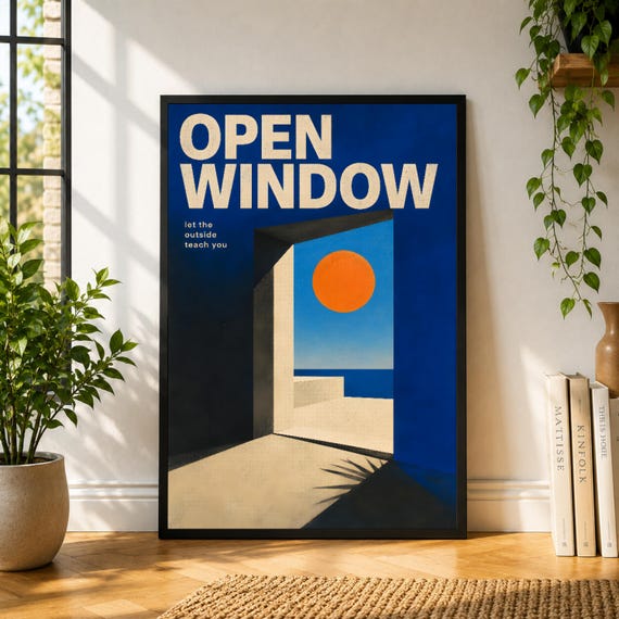 Open Window Poster, Blue Architecture Wall Art, Sun Doorway Print, Minimal Interior Poster