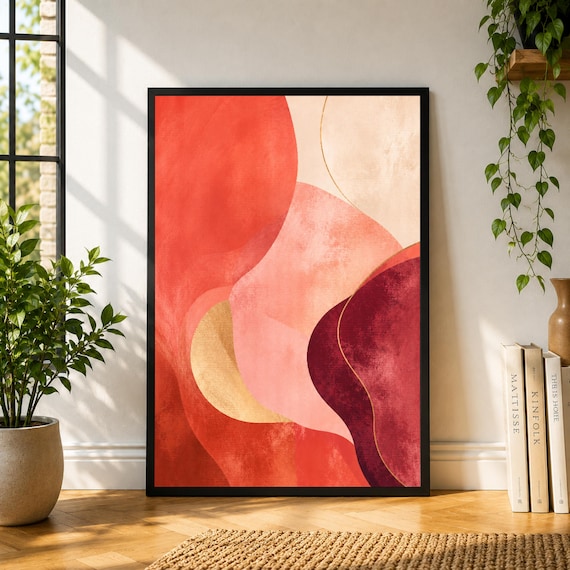 Abstract Wall Art Print, Warm Organic Shapes Poster, Terracotta Pink Gold Decor, Modern Minimalist Art, Neutral Boho Printable Poster