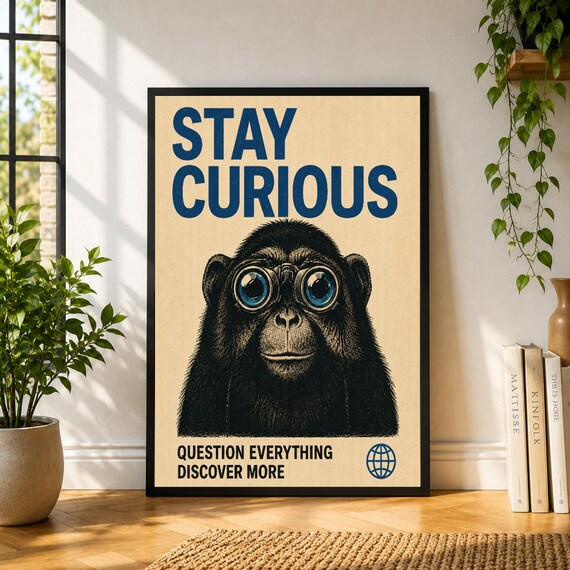 Stay Curious Poster, Monkey Wall Art, Funny Animal Print, Motivational Poster, Playful Office Decor