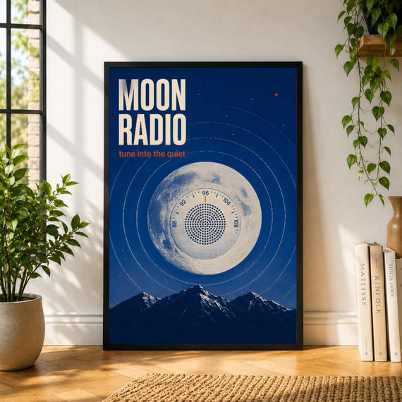 Moon Radio Poster, Blue Moon Wall Art, Mountain Night Print, Celestial Vintage Poster