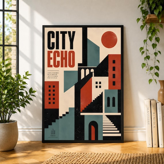 City Echo Poster, Bauhaus City Wall Art, Geometric Architecture Print, Urban Abstract Poster, Modern Office Decor
