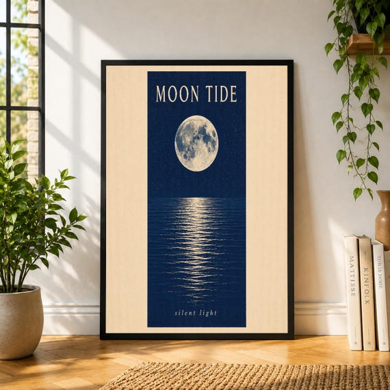 Moon Tide Poster, Moonlight Ocean Wall Art, Minimal Seascape Print, Navy Blue Poster, Coastal Night Decor