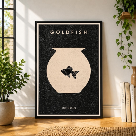 Goldfish Poster, Minimal Fish Bowl Wall Art, Black Vintage Print, Quiet Still Life Poster, Modern Decor