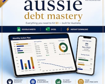 Debt Payoff and Wealth Builder — Australian Budget Spreadsheet | Debt Snowball and Avalanche Tracker for Excel and Google Sheets