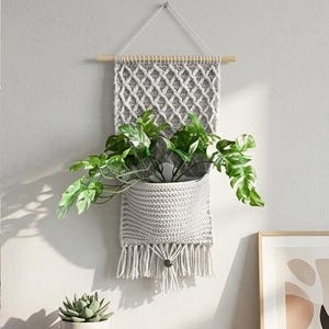 Puede incluir: Un macetero de pared de macramé gris con un patrón de diamantes tejido y un fondo con flecos. El macetero contiene una planta verde con hojas. El macetero está suspendido de un pasador de madera y un cordón blanco.