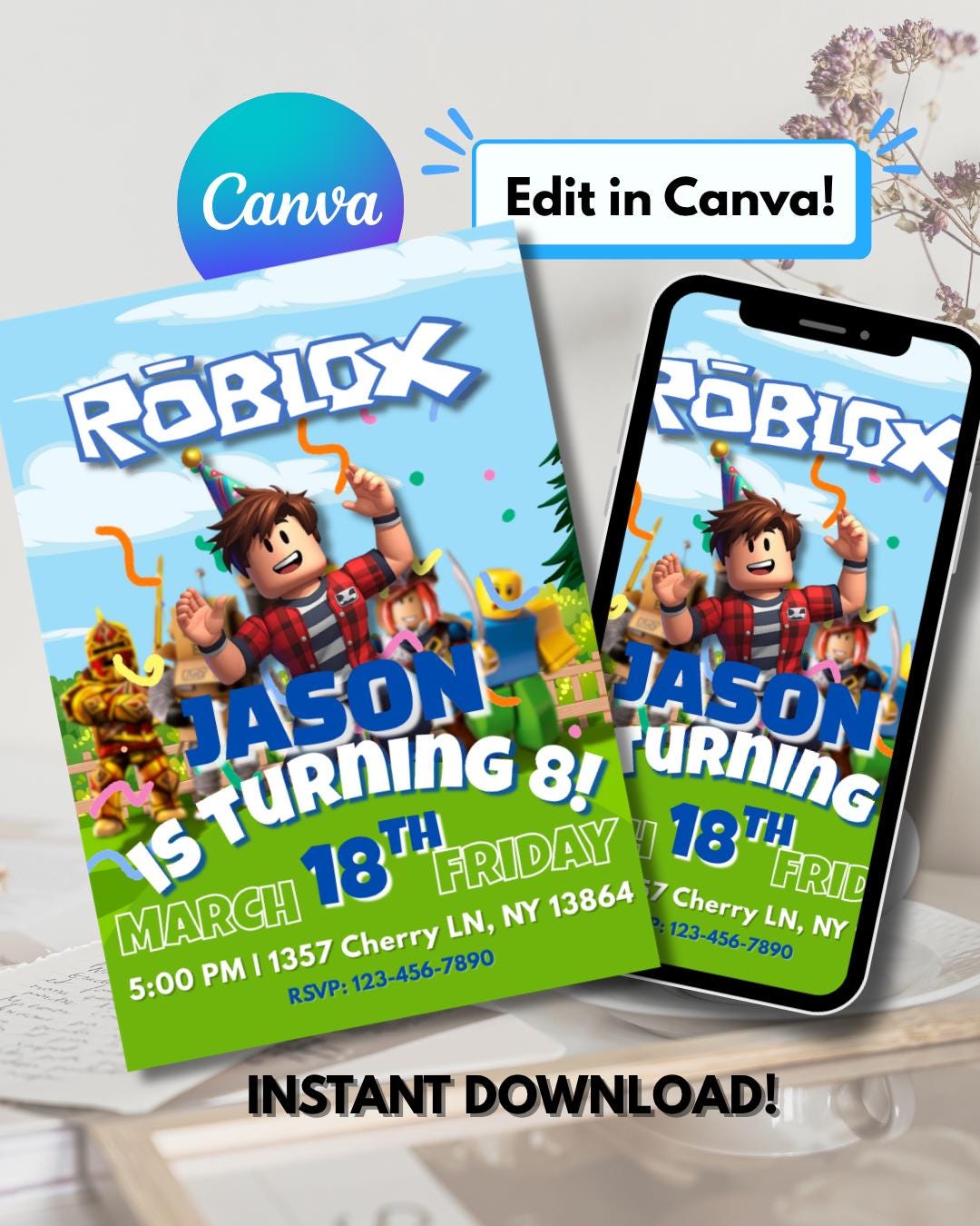 Roblox Birthday Invitation Editable | Gaming Birthday Invite | Canva ...
