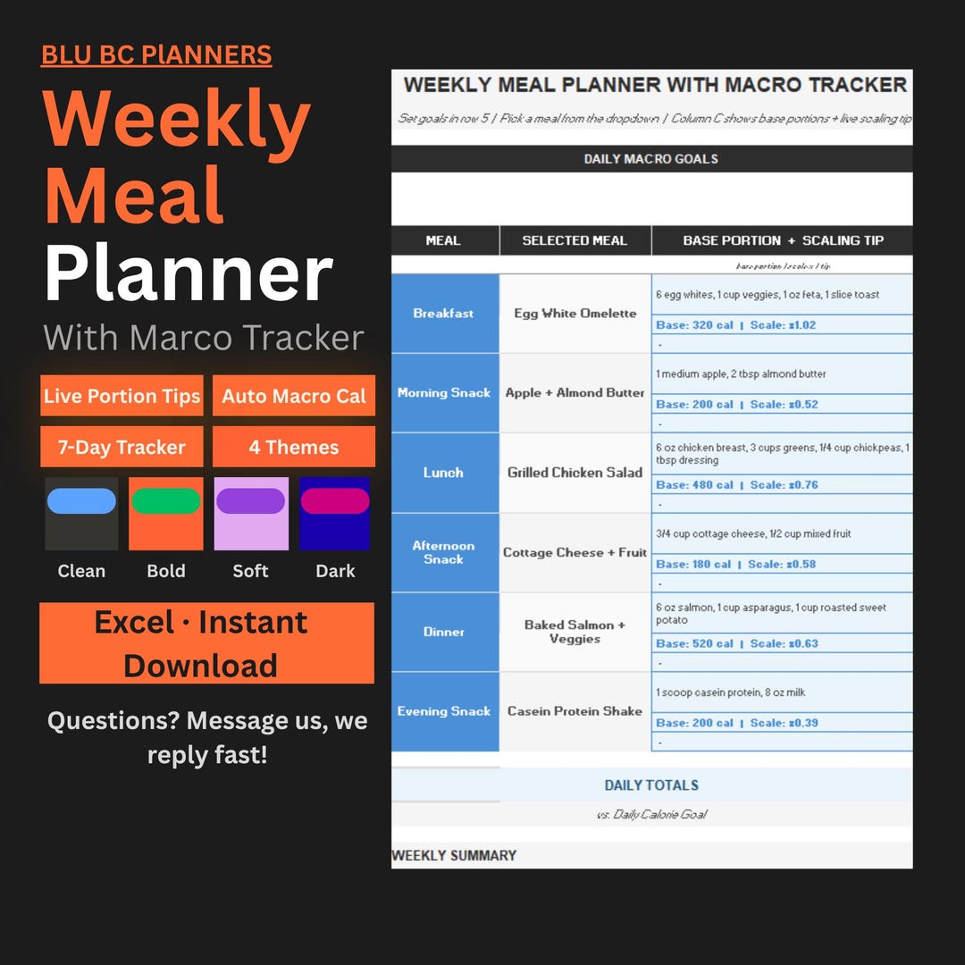 Meal Planner Excel | Weekly Macro Tracker Spreadsheet | Calorie Tracker ...