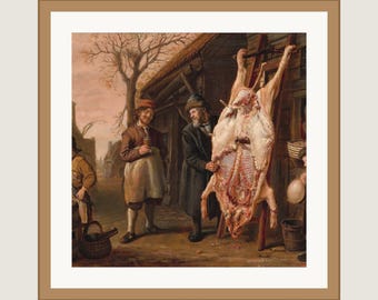 Jan Victors The Slaughtered Hog Framed Print | Dutch Golden Age Farmhouse Art | 12x12 Matted
