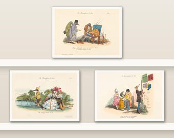 Whimsical Wall Art Set of 3 | Grandville Dressed Animal Prints | Small 7x5 Wall Art