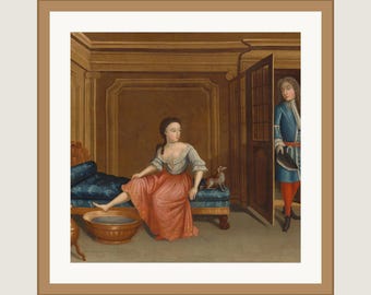 Funny Bathroom Wall Art | Lady Undressing for a Bath, Colonial Painting c.1735 | 12x12 Framed
