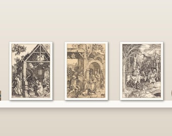 Christmas Wall Art Set of 3 | Albrecht Durer Nativity Woodcuts | Small 5x7 Wall Art