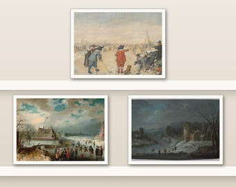 Dutch Winter Landscape Art Print Set of 3 | Ice Skating Scenes | Vintage Christmas Wall Art | Small 7x5 Wall Art