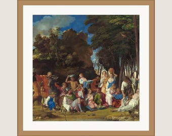Bellini and Titian Feast of the Gods Framed Print | Renaissance Art | 12x12 Matted