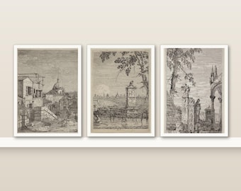 Architectural Etching Print Set of 3 | Canaletto Venice Vedute | Small 5x7 Wall Art