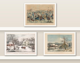 Vintage Christmas Wall Art Set of 3 | Americana Winter Lithographs | Farmhouse Sleigh and Skating Prints | Small 7x5 Wall Art