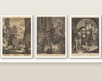 Pub Wall Art Set of 3 | Hogarth Beer Street Vintage Satire Prints | Home Bar Decor, Tavern Etching Gift | Small 5x7 Wall Art