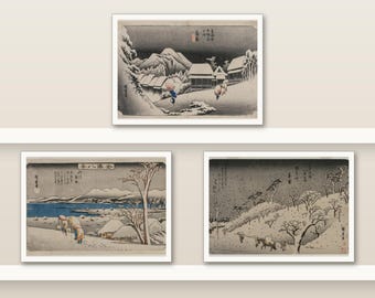 Japanese Snow Scene Art Print Set of 3 | Hiroshige Woodblock Winter Landscape | Small 7x5 Wall Art
