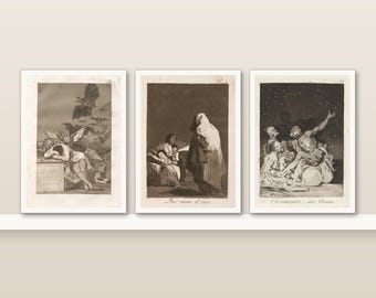 Goya Los Caprichos Print Set of 3 | Gothic Dark Academia and Vintage Halloween Decor | Small 5x7 Wall Art
