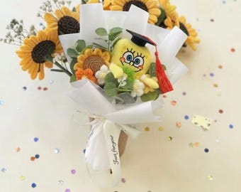 Handmade Sponge Character Graduation Plush Bouquet, Kawaii Decorative Flowers