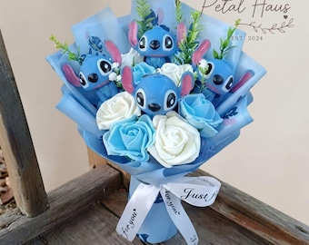 Handmade Stitch Plush Flower Bouquet, Blue White Roses, Graduation Gift Arrangement