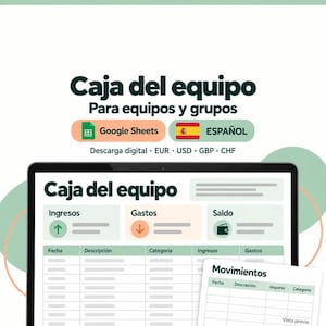 Könnte beinhalten: Eine digitale Tabellenkalkulationsvorlage mit dem Titel Caja del equipo für Google Sheets. Die Benutzeroberfläche zeigt Abschnitte für Ingresos, Gastos und Saldo mit Symbolen sowie eine Tabelle zur Verfolgung von Finanzbewegungen mit Spalten für Datum, Beschreibung und Kategorie.