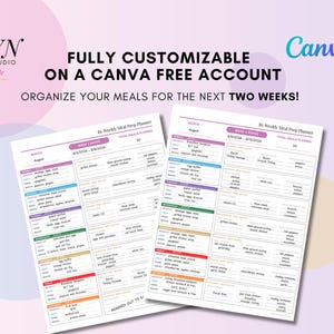 Może przedstawiać: Dwa dwutygodniowe plannery przygotowywania posiłków z kolorowymi sekcjami na każdy dzień tygodnia. Plannery są oznaczone jako "Bi-Weekly Meal Prep Planner" i zawierają tekst "Fully Customizable on a Canva Free Account". Plannery są na jasnofioletowym tle.