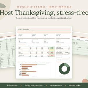 Può includere: Un modello di foglio di calcolo digitale per Google Sheets ed Excel intitolato Host Thanksgiving, stress-free. La dashboard mostra un piano per il banchetto, il monitoraggio del budget, liste degli ospiti e un calcolatore per tacchino.