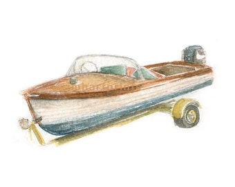 Watercolor Runabout, Retro Runabout Print, Vintage Runabout Print, Wooden Boat Print